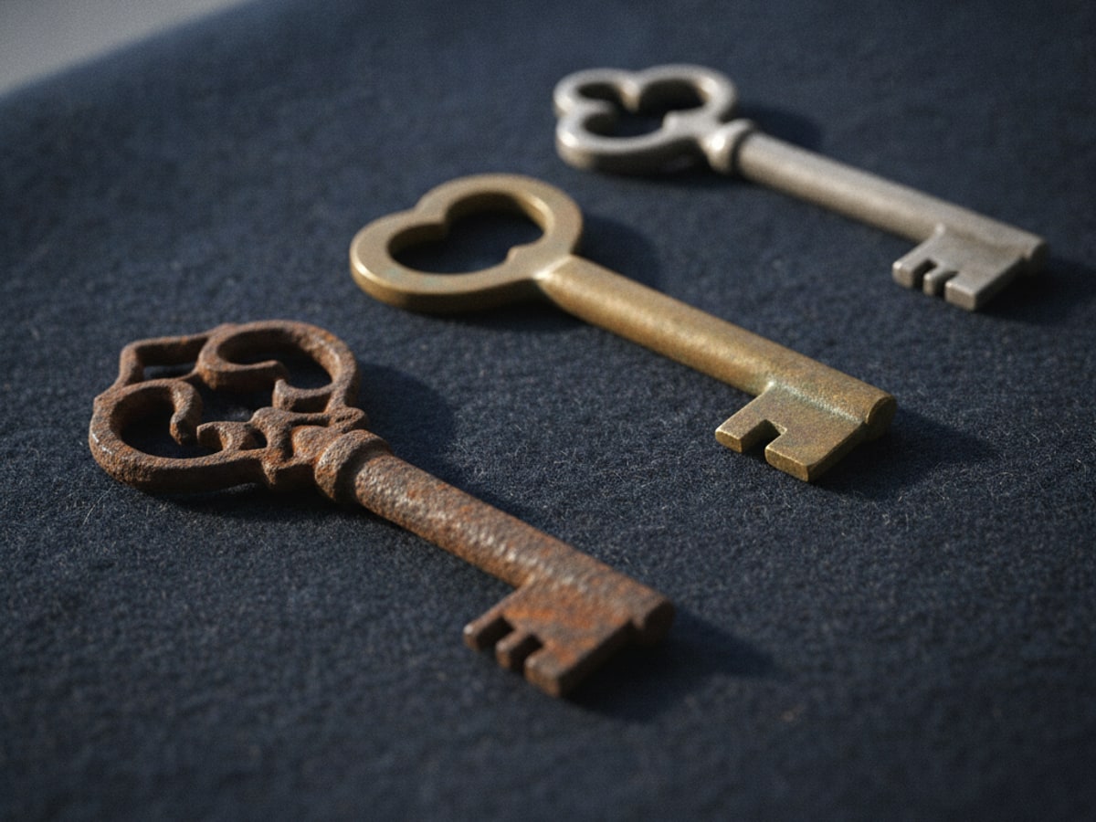 Three distinct keys of different shapes on a plain surface