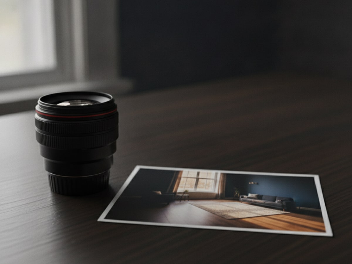 A camera lens beside a printed photograph of the same scene