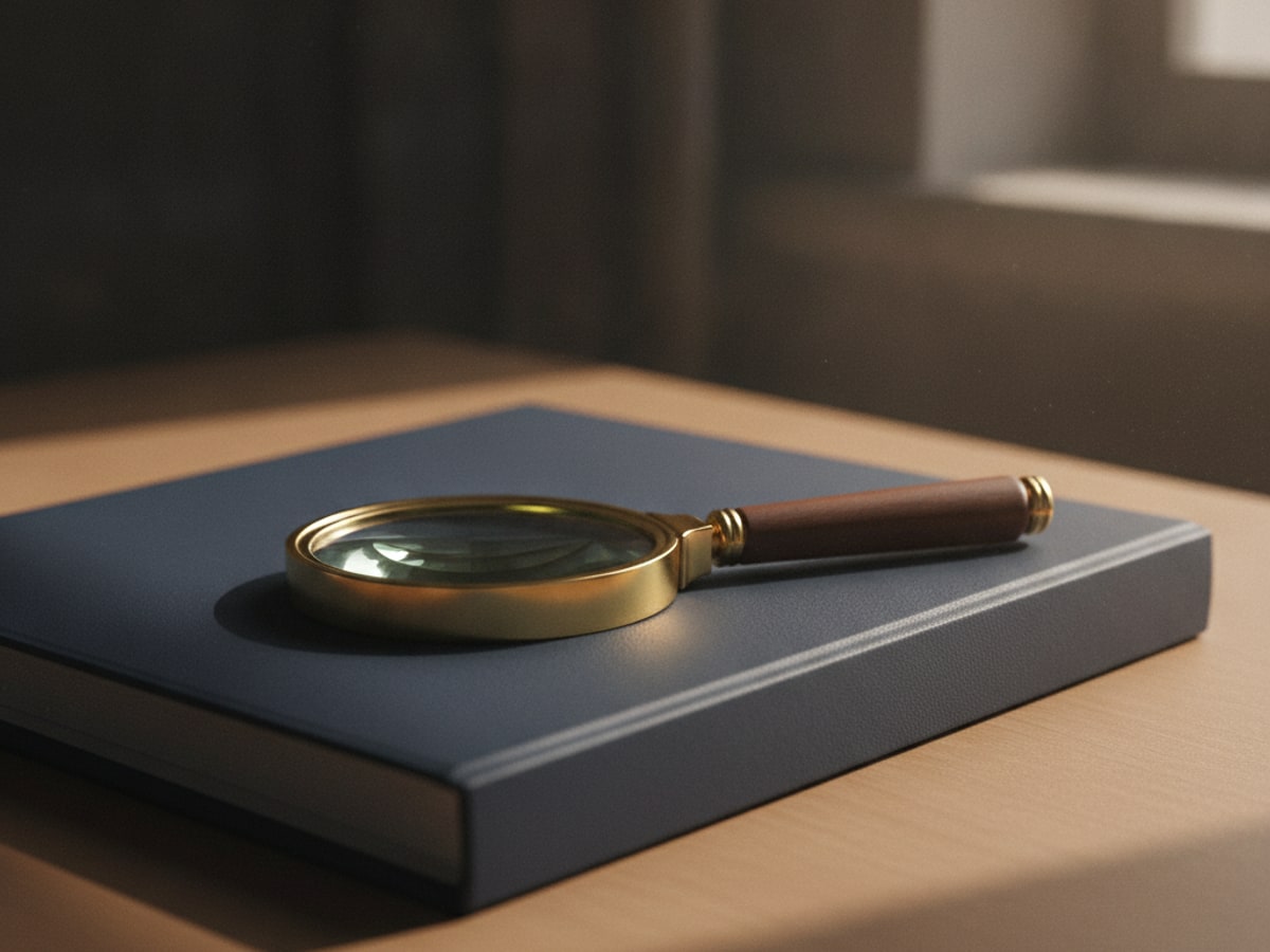 A magnifying glass resting on the edge of a closed folder