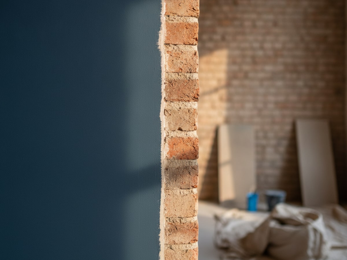 A partly renovated wall, new plaster meeting old brick