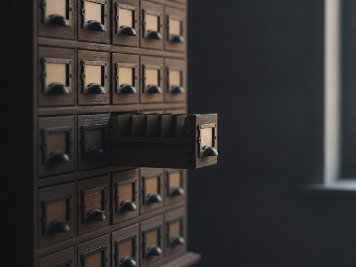 A wooden card catalogue with drawers of different depths