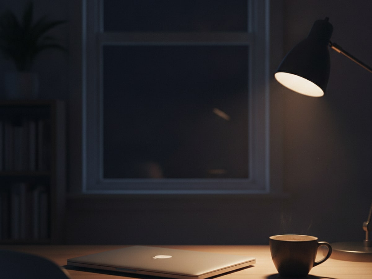 A laptop open late at night beside a cold cup of coffee