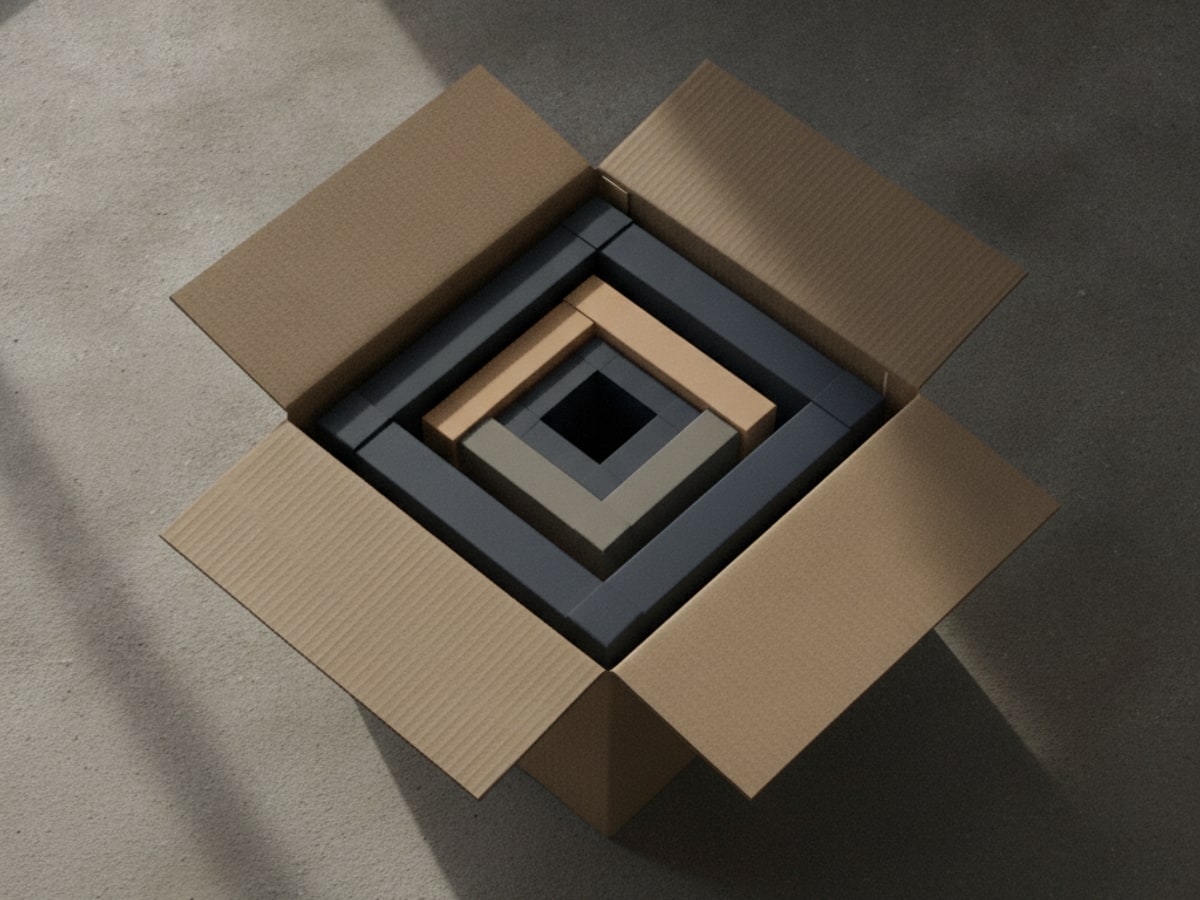 A shipping carton opened to reveal nested smaller boxes