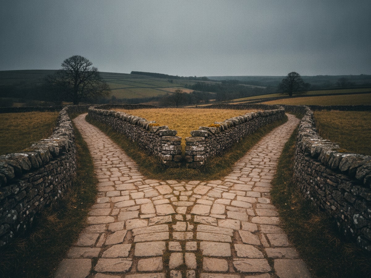 Two parallel paths diverging around a low stone wall