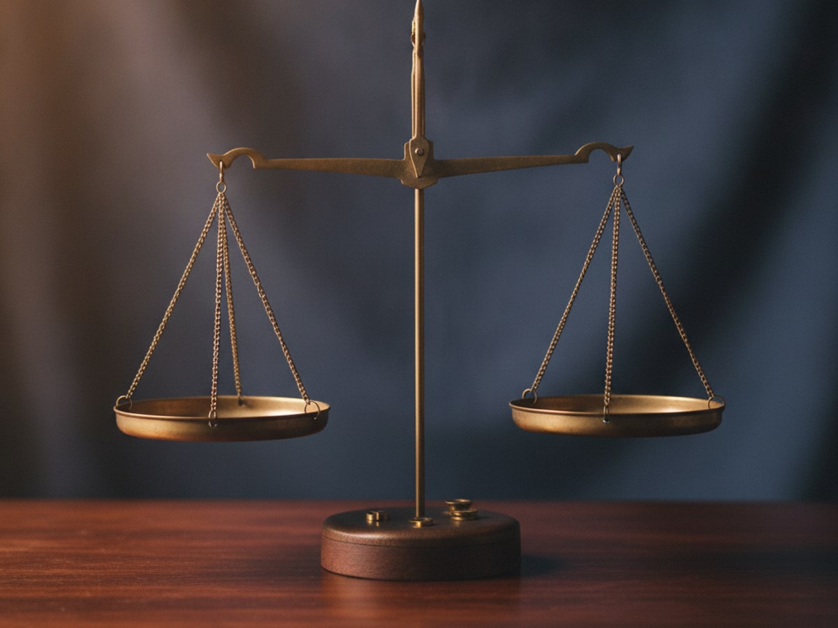 An old brass balance scale in even equilibrium