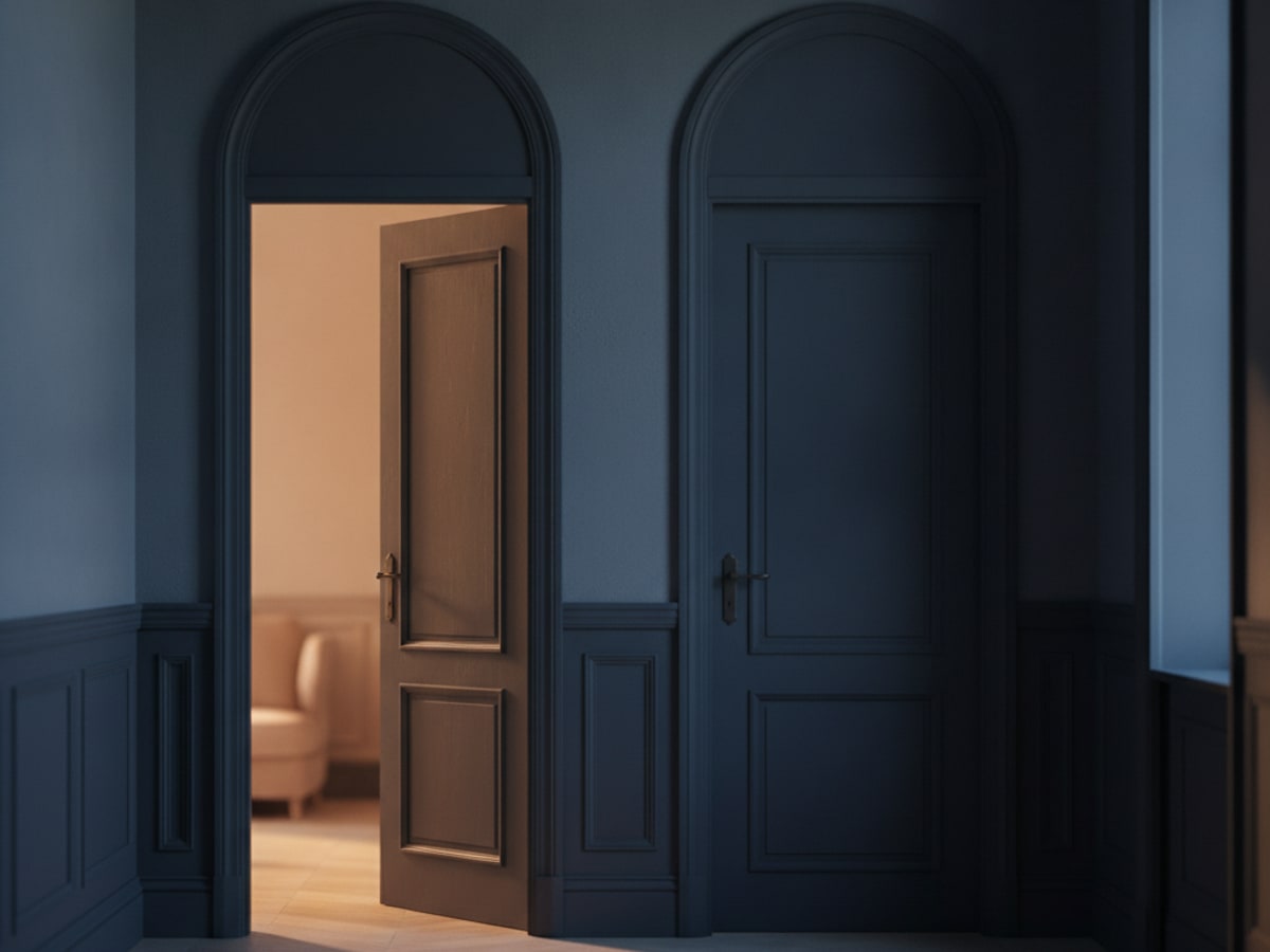 Two doorways side by side in a plain corridor, one open
