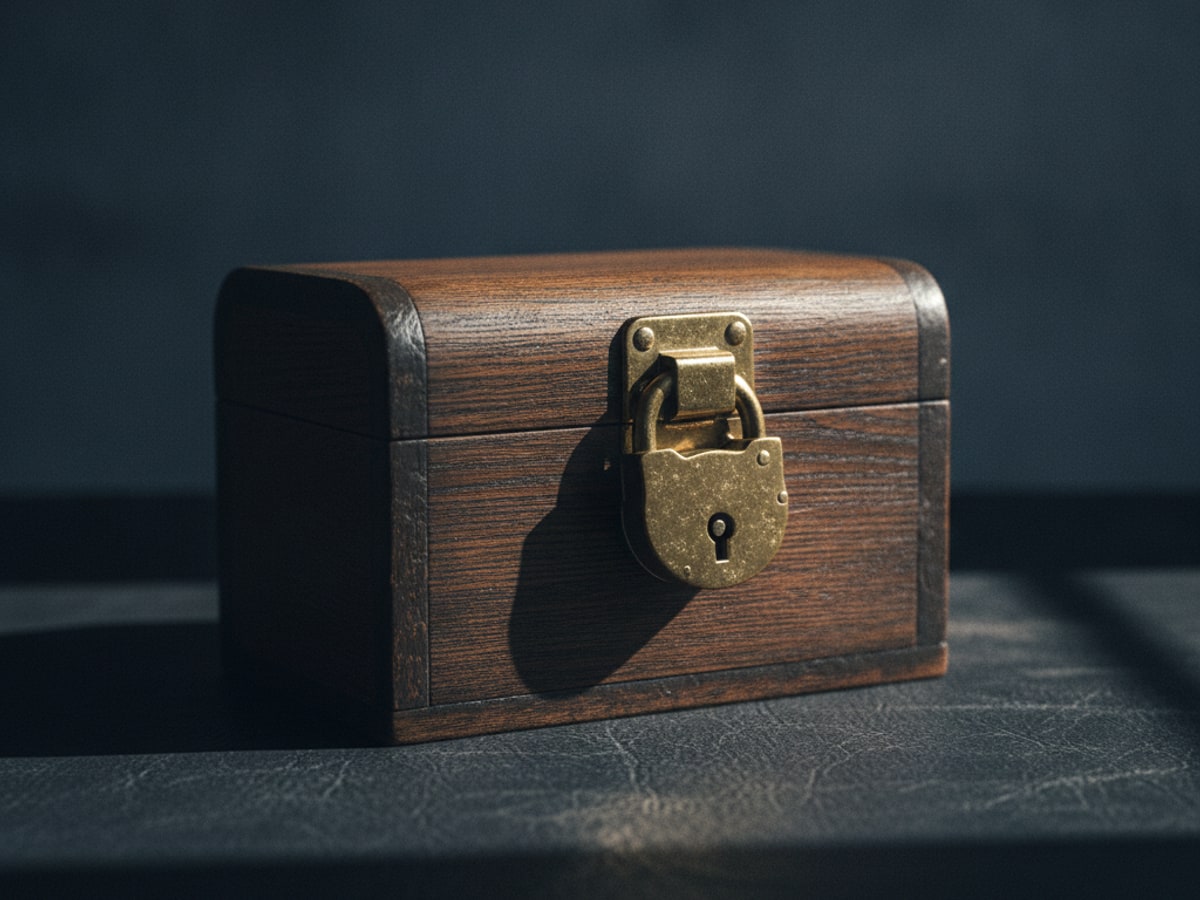 A locked wooden box with a brass fitting, closed