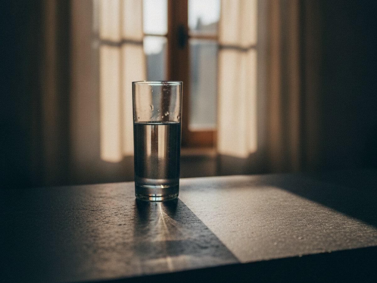 A rising chart line and a nearly empty water glass on a dark desk