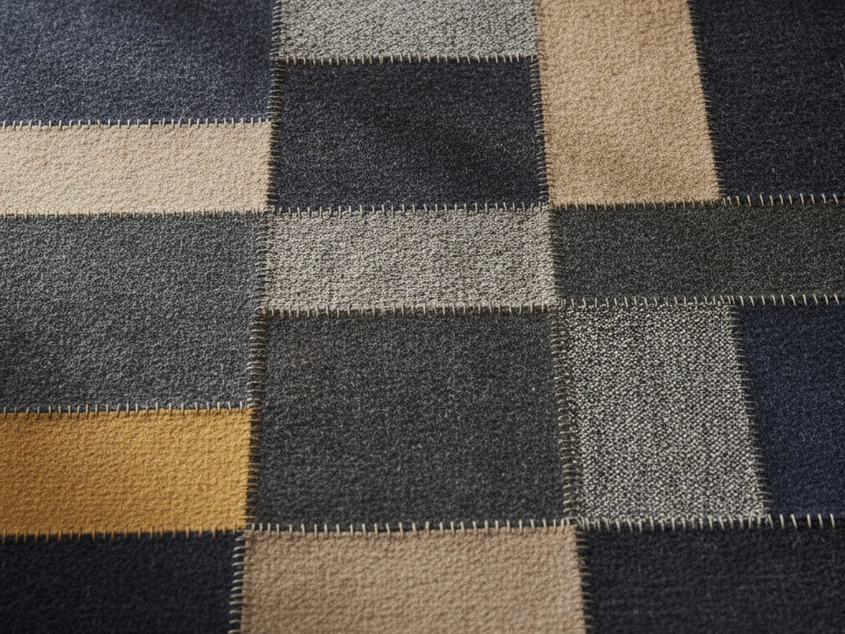 A patchwork of differently textured fabric squares stitched together