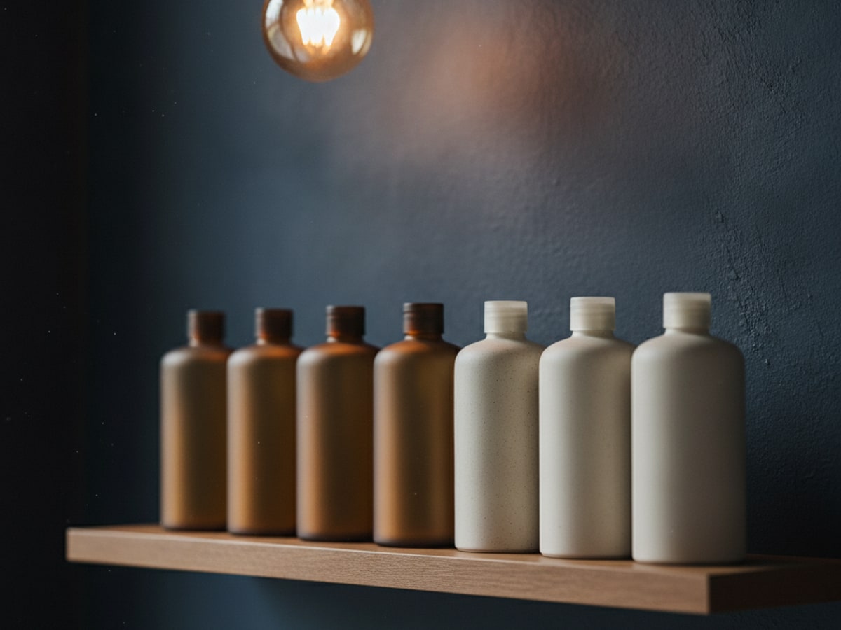 A row of shelved salon products in warm light