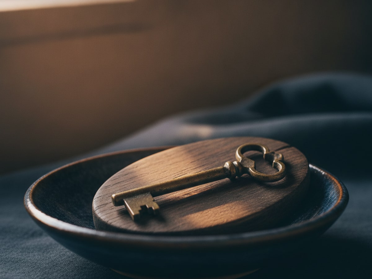 A single key on a numbered fob resting in a shallow dish