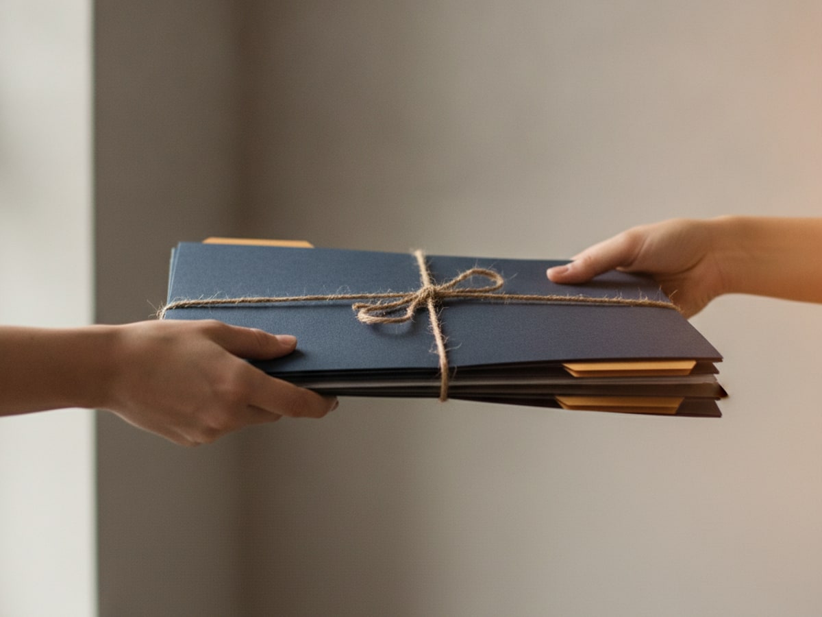 A set of files being passed between two open hands