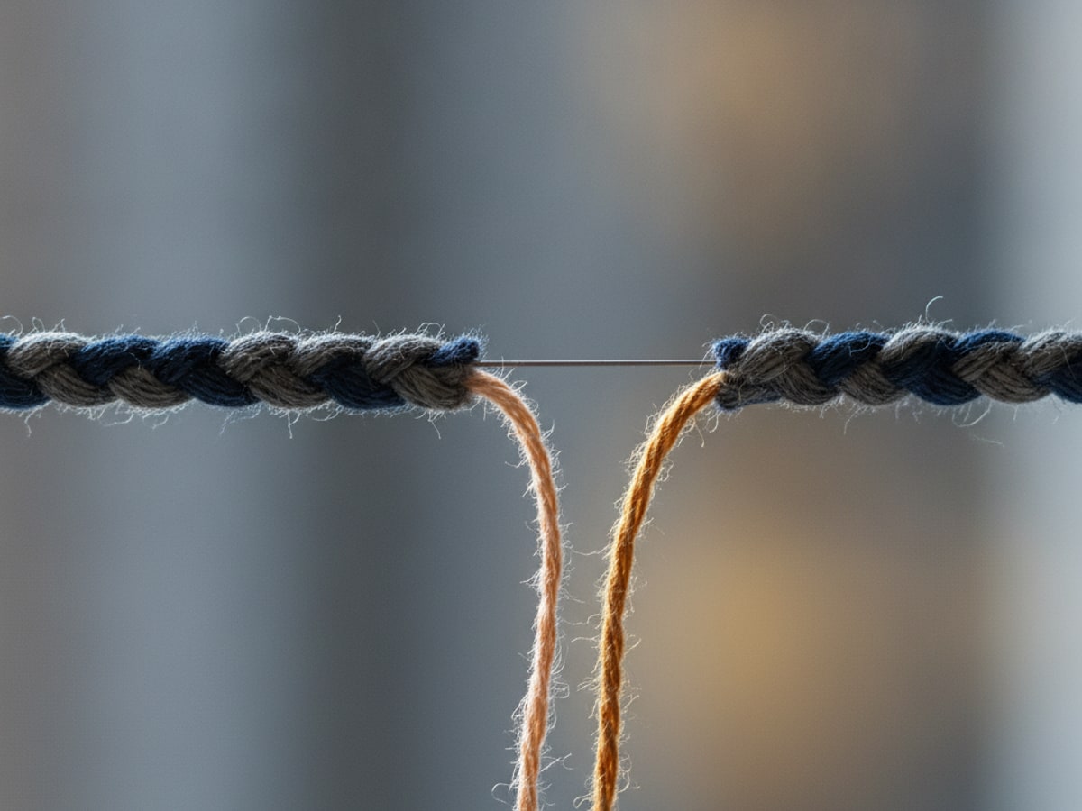 Two coloured threads being separated from a single braid