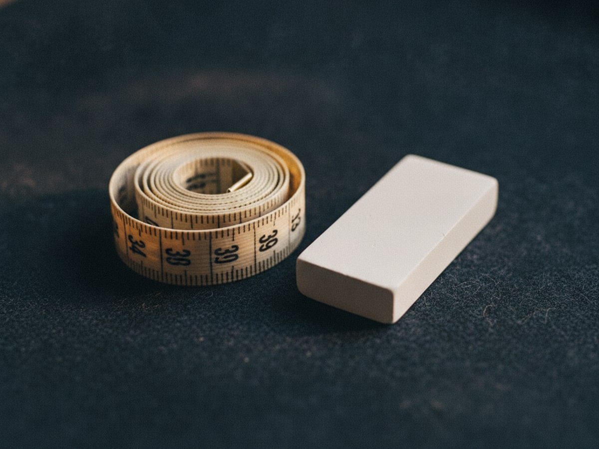 A tailor’s measuring tape coiled beside chalk on dark cloth