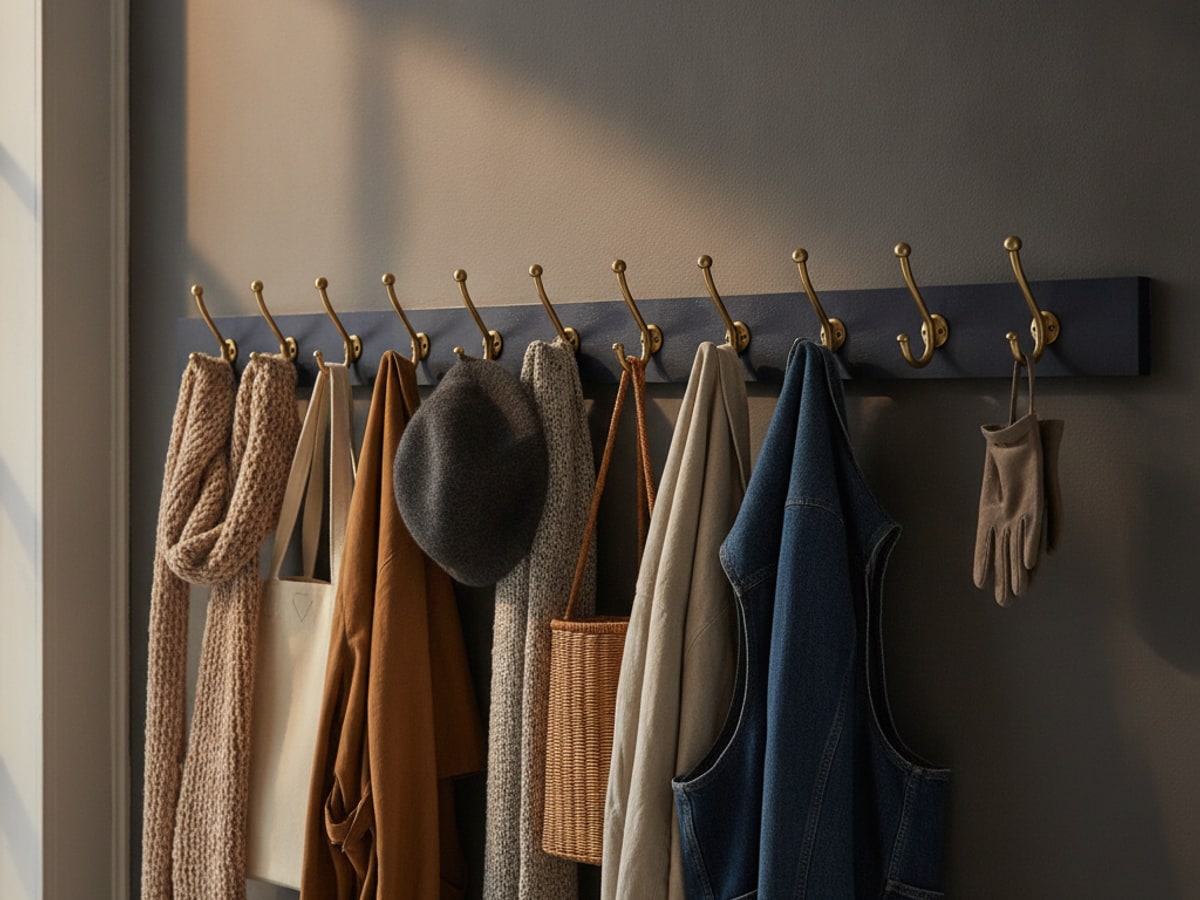 A row of twelve small brass hooks, the last one empty